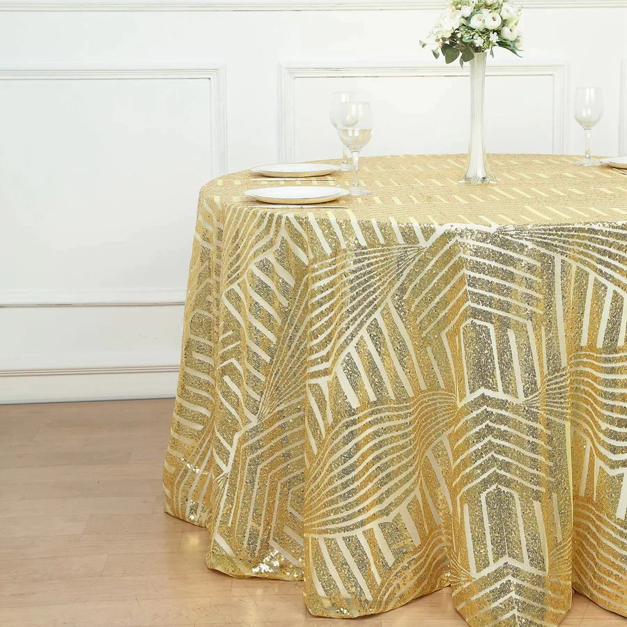 120" GOLG Tulle Round TABLECLOTH Sequins Geometric Pattern Party Decorations - Image 3 of 4