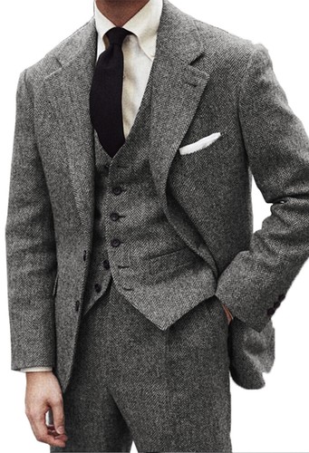 Mens Tweed 3Pcs Suit Vintage Wool Herringbone Formal Tuxedo Suits 42r 44r 46r - Picture 14 of 22
