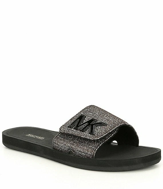 MICHAEL KORS MK LOGO BLACK BRONZE SILVER GLITTER MESH SLIDES US 8