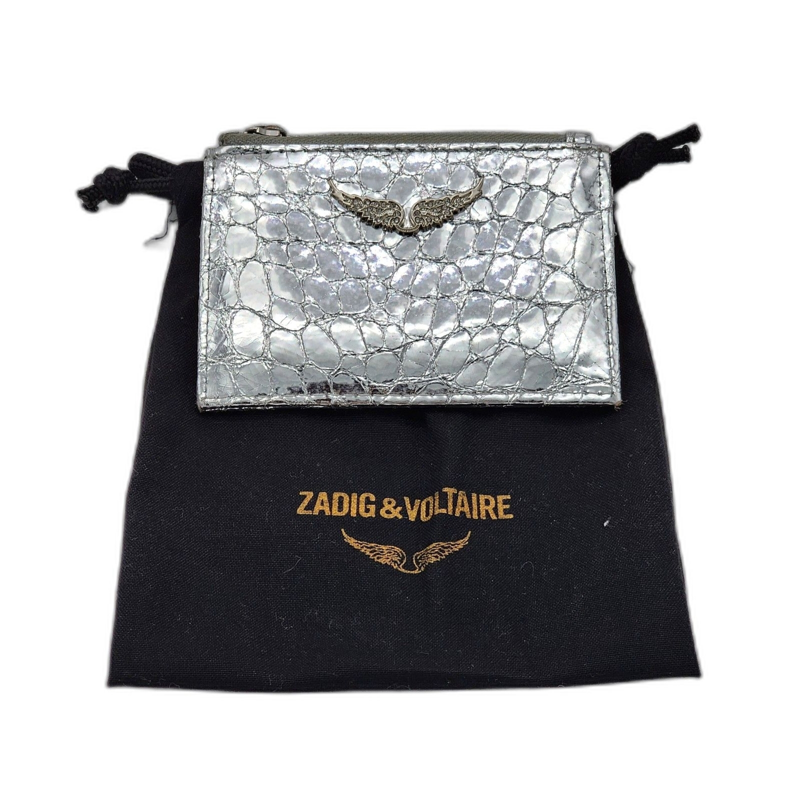 Zadig & Voltaire Silver Crocodile Embossed Card Holder Gem