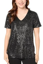 Jingle Belles by Kim Gravel Women's SequinFrontKnitBack VNeck Top Blk