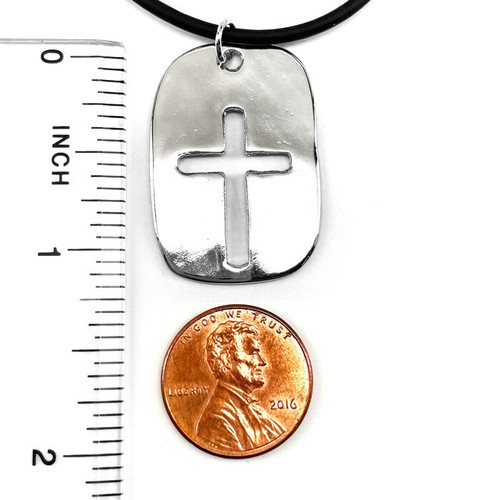 Cross Tag Rhodium Metal Finish Pendant (g2-rhd) Black Cord Necklace - Picture 2 of 3