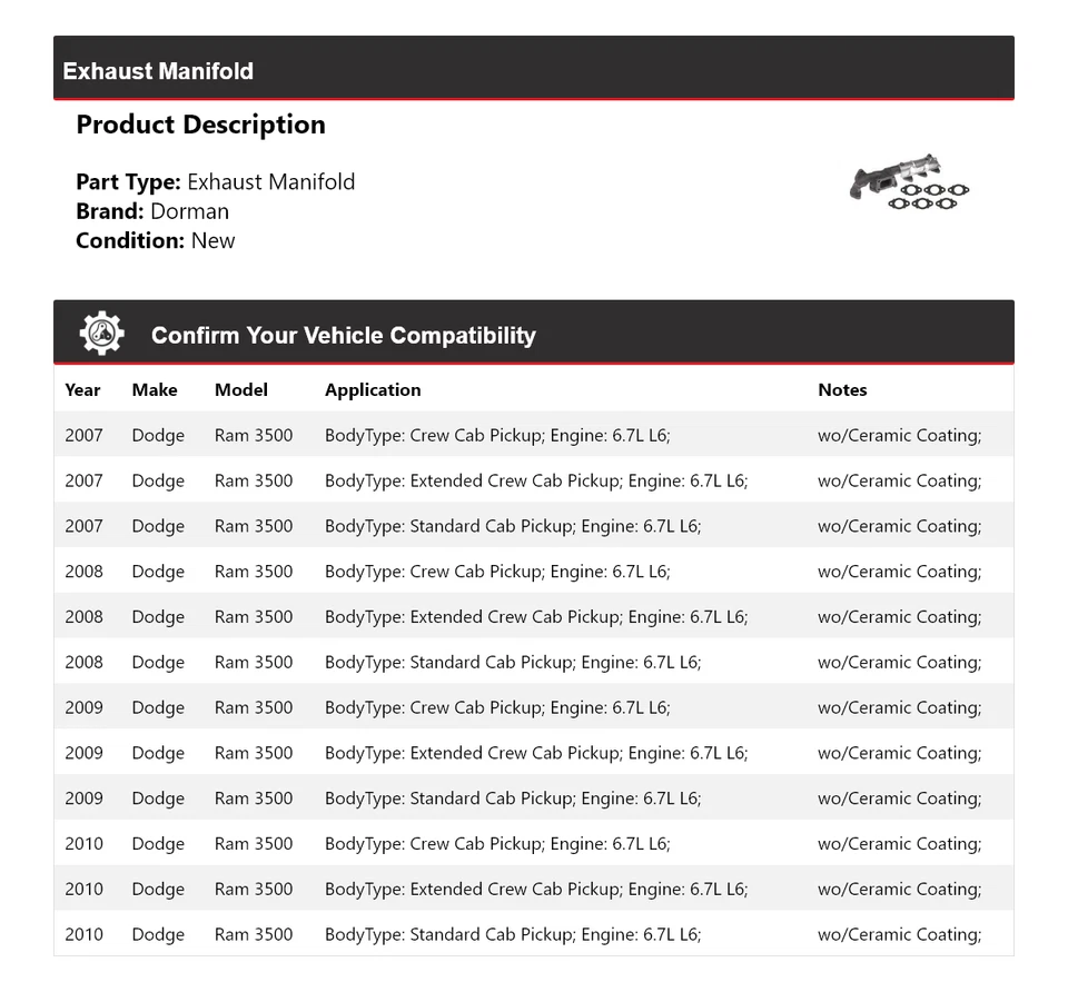 Выпускной коллектор для 2007-2010 Dodge Ram 3500 6,7 л L6 Dorman 2008 2009 - Изображение 2 из 4