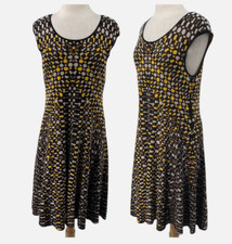 NIC + ZOE Fit & Flare Midi Sweater Dress Intarsia Knit Geometric Black Yellow XL