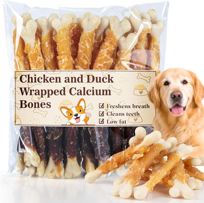 2.5 in Dog Treats, Chicken, Duck Wrapped Calcium Bones Without Rawhide Training