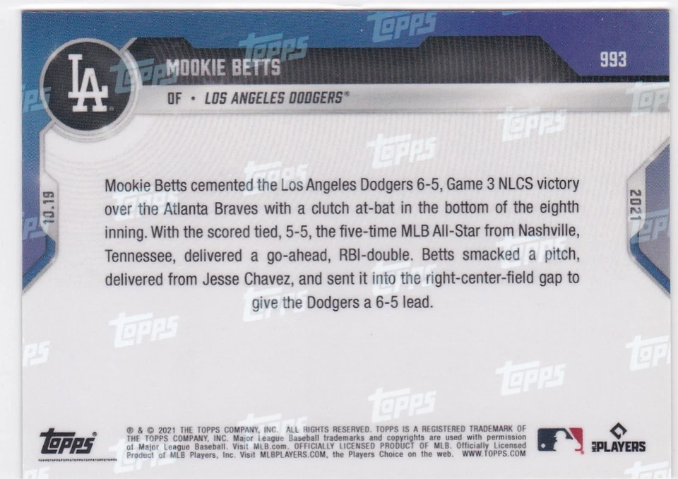 2021 TOPPS NOW #993 MOOKIE BETTS- LOS ANGELES DODGERS - Image 2 of 2