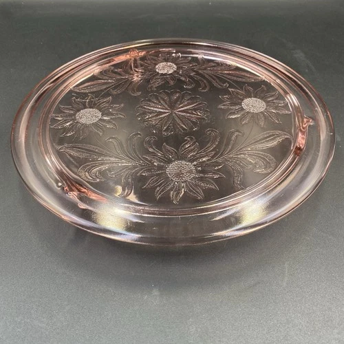 Vintage Jeannette 10” Footed Pink Depression Glass Cake Plate Sunflower Pattern