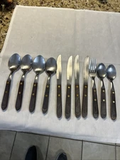 Vtg Washington Forge Town & Country Wood Handle Stainless Flatware Lot of 11 USA