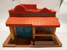 Vintage Fisher Price Western Town Building Playset Stable Saloon Barn 1980s