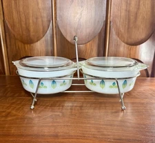 Vintage Pyrex Rare Cradle Promotional Green Blue Leaf Casserole Lids Twin Server