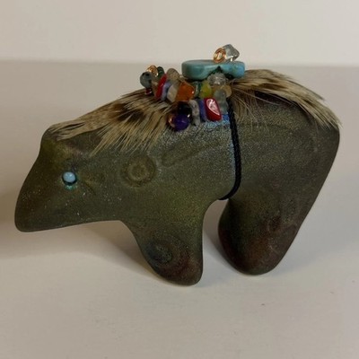 Jeremy Diller Raku Pottery Zuni Fetish Bear Figurine W/Feather & Stones - Mexico