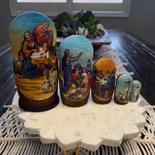 VTG Religious Hand Painted 5 Russian Matryoshka Nesting Dolls, Life of Christ