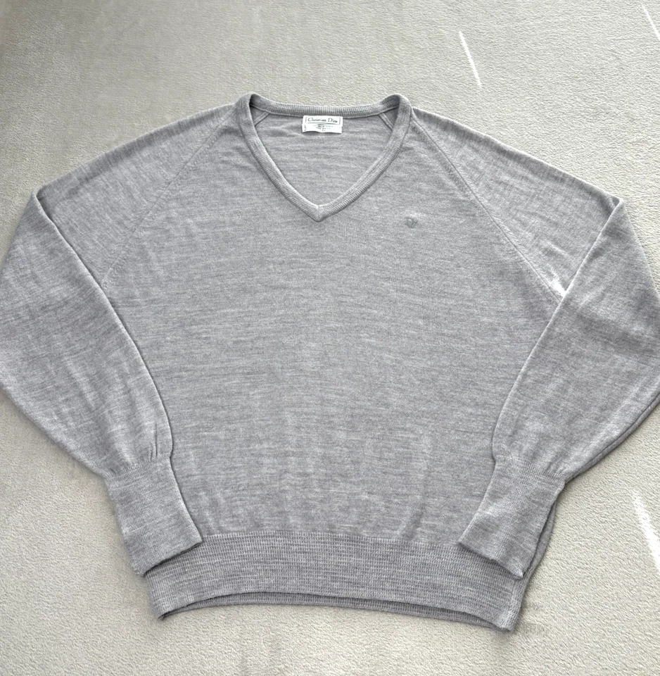 Vintage Christian Dior V Neck Sweater Mens L Gray 100% Orlon Acrylic Made in USA - Image 2 of 4