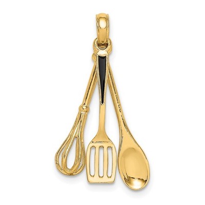 14k Gelbgold 3-D Emaille Spatel, Holzlöffel, Schneebesen beweglich Charm Anhänger