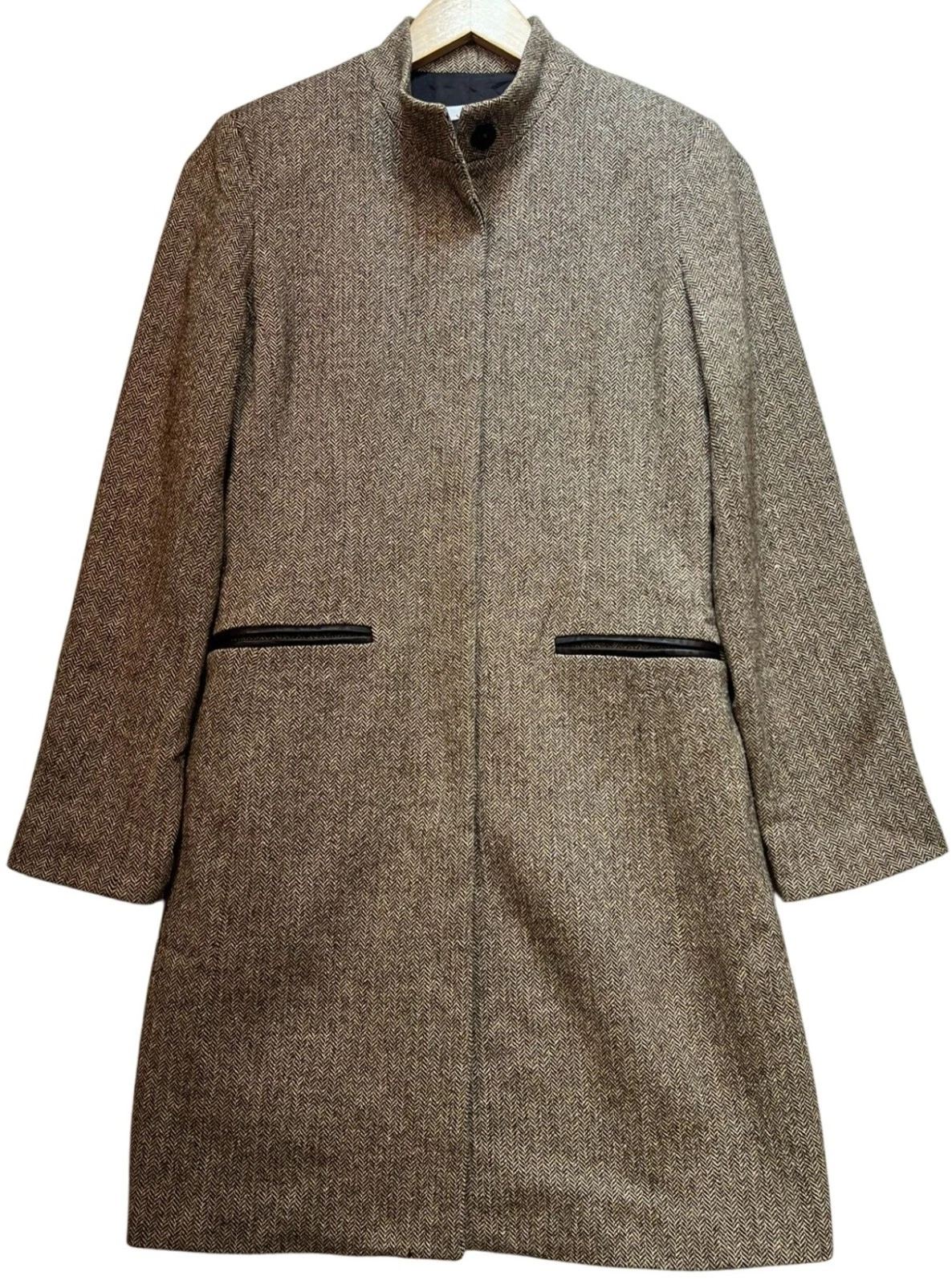 Jax Womens Casual Preppy Coat Size 4 Beige Brown Herringbone Pockets