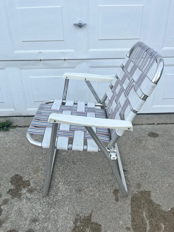 2 Vintage Aluminum Folding Lawn Chair Vinyl Webbed Patio Red, White, And Blue - Image 3 of 4