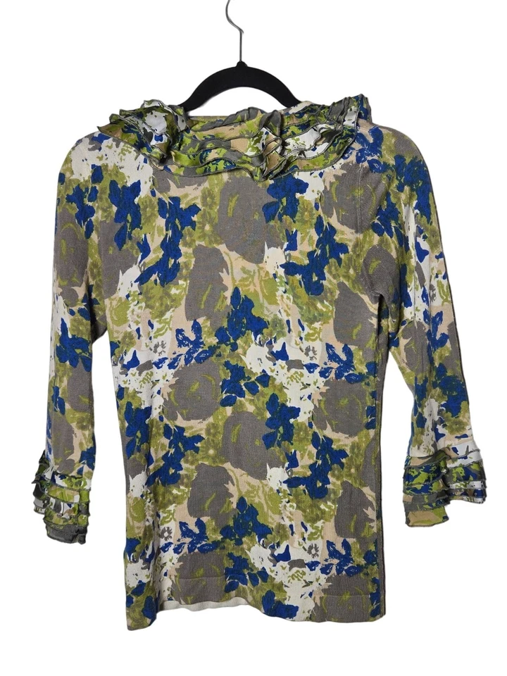 Twelve by Twelve Floral 3/4 Sleeve Full Zip Cardigan Sweater Size Medium Ruffled - Image 2 of 4