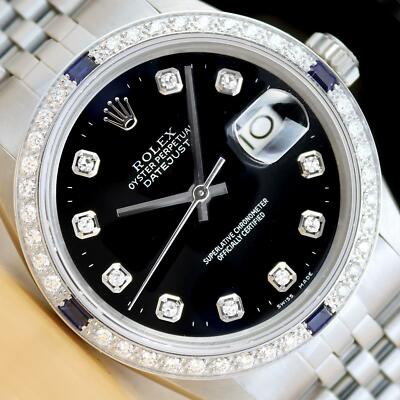 Herren Rolex Datejust 16014 Schwarz Diamant Saphir 18K Weißgold Stahl Uhr