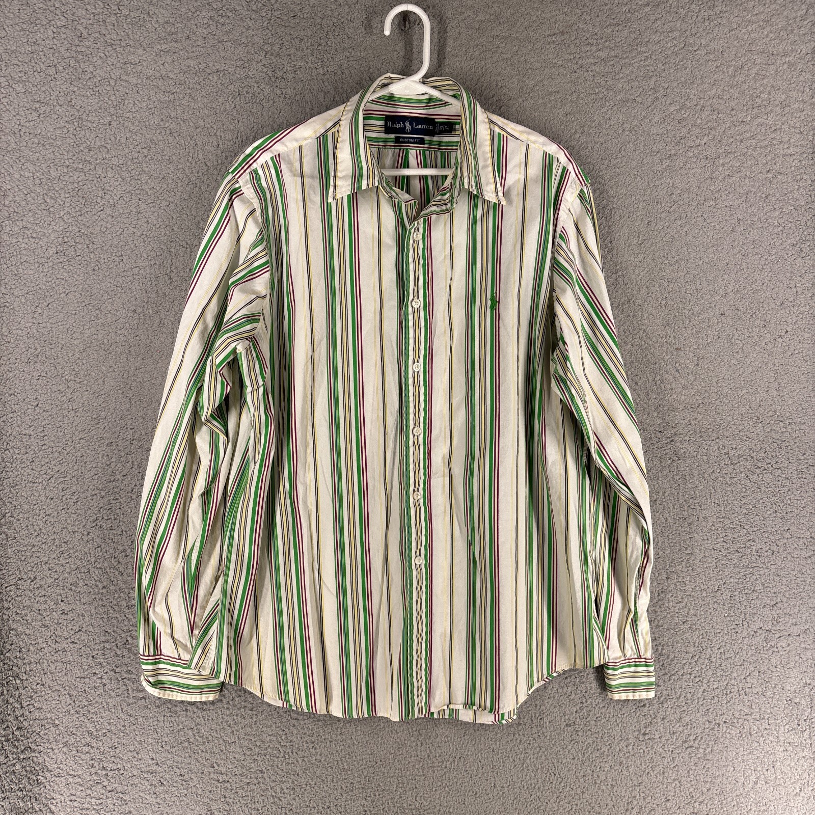 Camicia Ralph Lauren uomo XL bianca verde a righe vestibilità personalizzata piccolo pony manica lunga