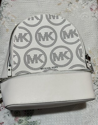 $298 MK Michael Kors Rhea Zip Optic White Perforated MK Circle Logo Backpack MICHAEL KORS RHEA MEDIUM ZIP BACKPACK BAG TOTE OPTIC WHITE  main image 3