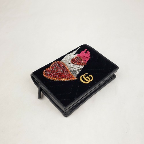 Gucci Limited Marmont Black Velvet Card Case Wallet w/Crystal Hearts 466492 1093 - Picture 5 of 9