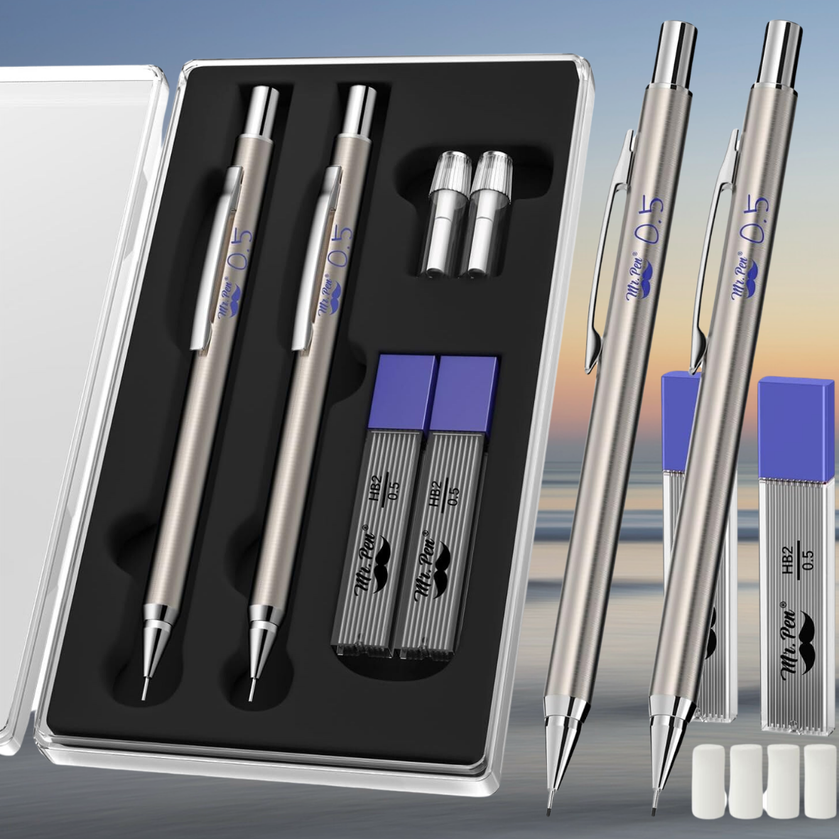 Mechanical Pencils 0.5, Pack of 2, Metal Mechanical Pencil with Lead and Erase-image