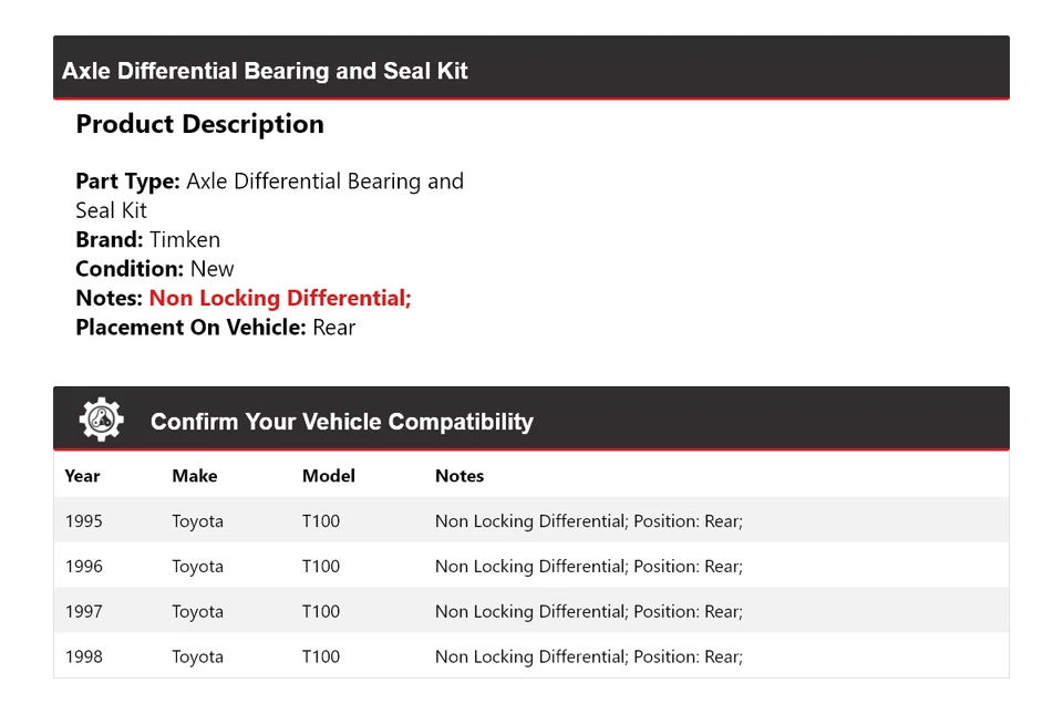 Kit de cojinete y sello diferencial de eje trasero Timken para Toyota T100 1995-1998 Foto 2 de 3