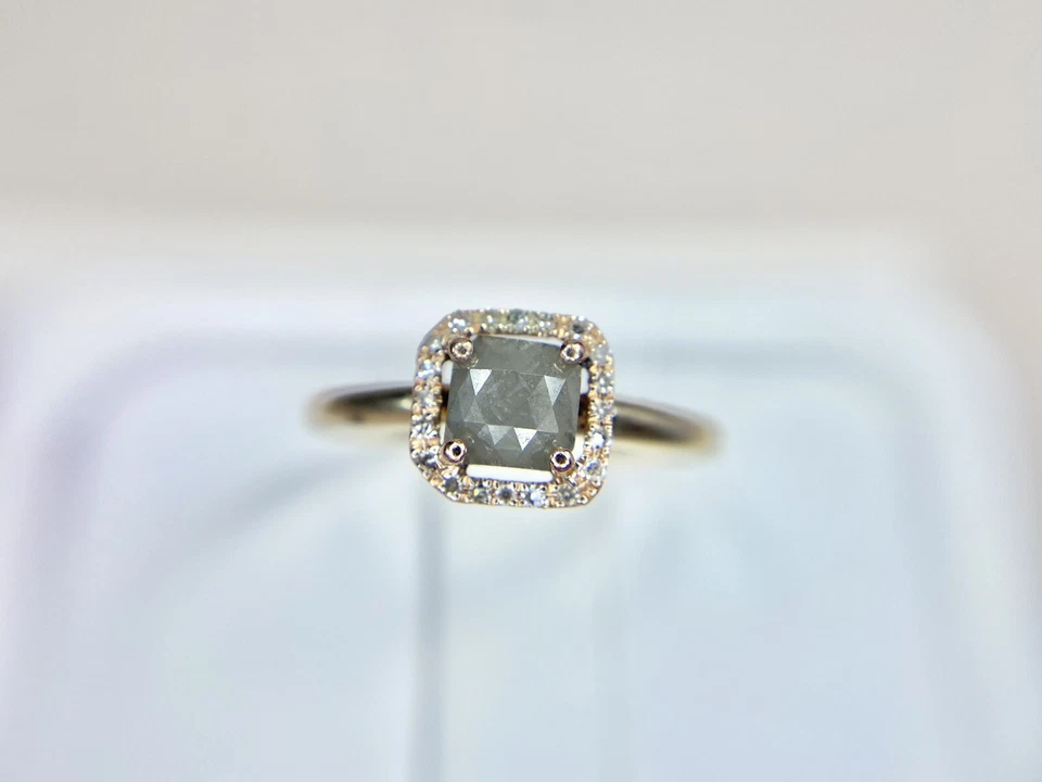 14k Yellow Gold Designer Cushion Cut Rustic Gray Diamond Halo Engagement Ring - Image 2 of 4