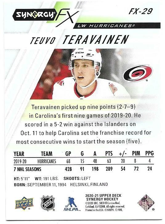 2020-21 Upper Deck Synergy TEUVO TERAVAINEN #FX-29 FX Parallel 248/749 - Image 2 of 2