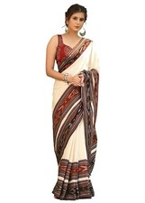 Linen Cotton Ajrak Digital Print Saree with Print Blouse, Cream and Multcolour