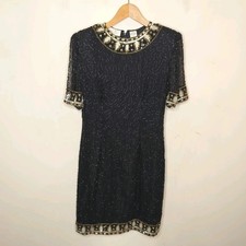 Laurence Kazar Silk Beaded Dress Large Womens Formal Glam Black Gold Vintage