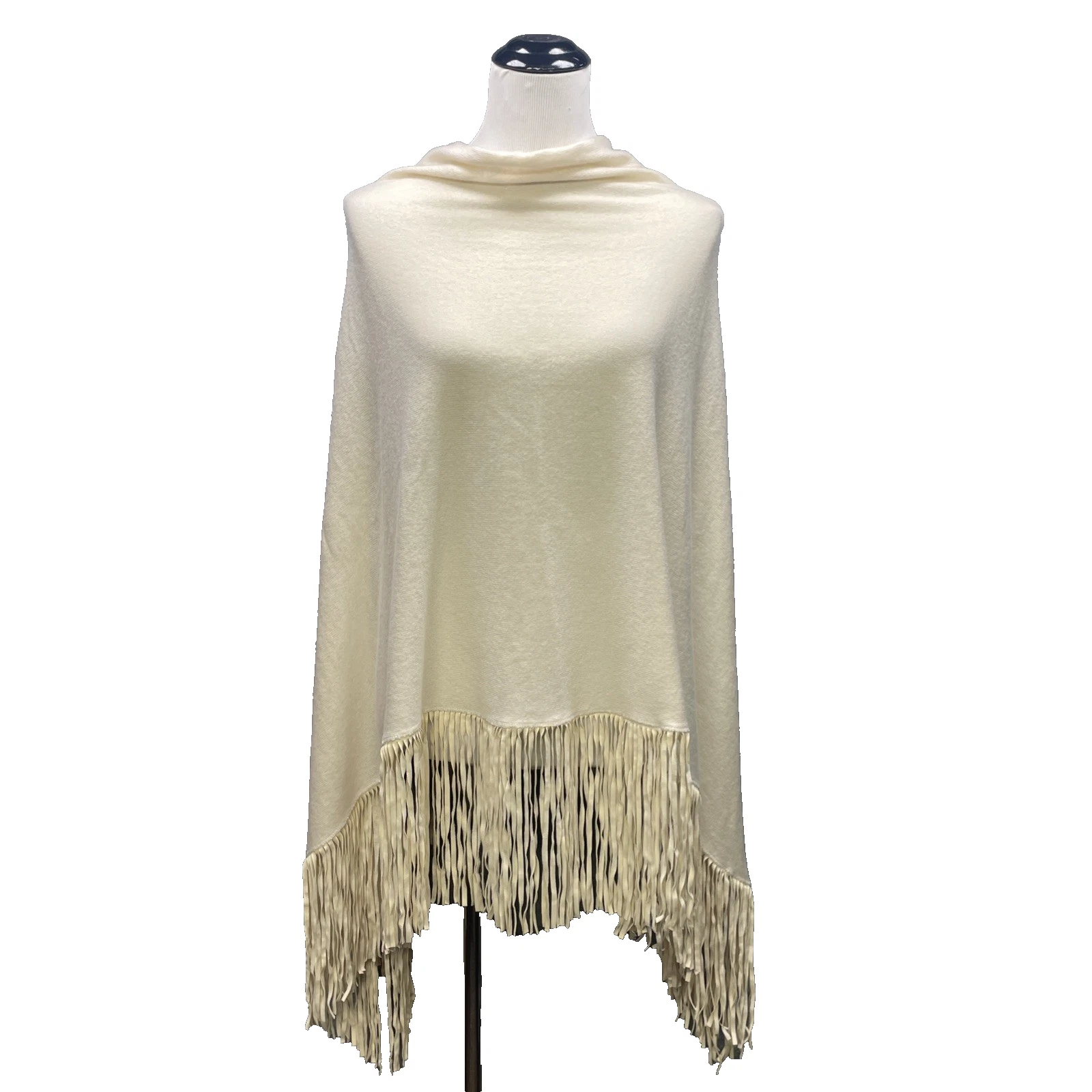 Parronchi 100% Cashmere Suede Fringed Poncho Cream One Size Italy Made Boho Chic