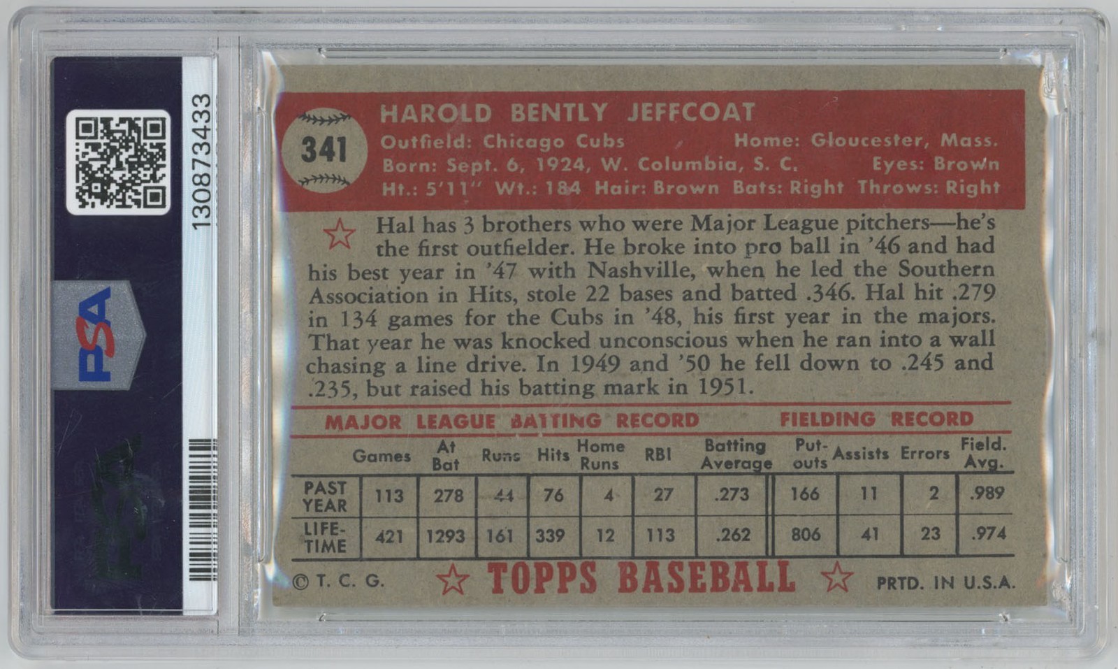 1952 Topps 341 Jeffcoat PSA 4 718972 view 2