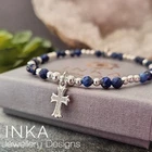 925 Sterling Silver & 4mm Lapis bead Stacking Bracelet with A Cross charm INKA