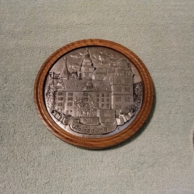Vintage German Wolfsburg Wood And Pewter Relief Plaque.
