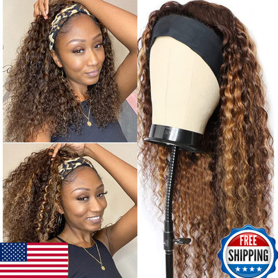 Rebasar Highlight Deep Wave Headband Wig Human Hair 12 Inch Ombre Curly