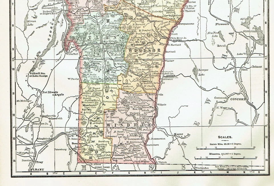 Mapa a color de la Biblioteca de Referencia de 1899, fechado en la impresión Estado de Vermont Foto 3 de 4