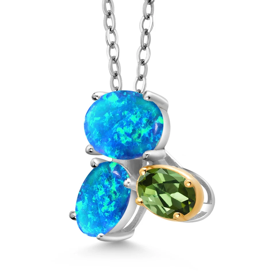 Collar Colgante Plata 925 y Oro Amarillo 10K Ópalo Azul y Turmalina Verde Foto 2 de 4