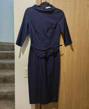 MUXXN Blue Sheath Knee Length Dress Belted High Neck Zip 3/4 Sleeve M
