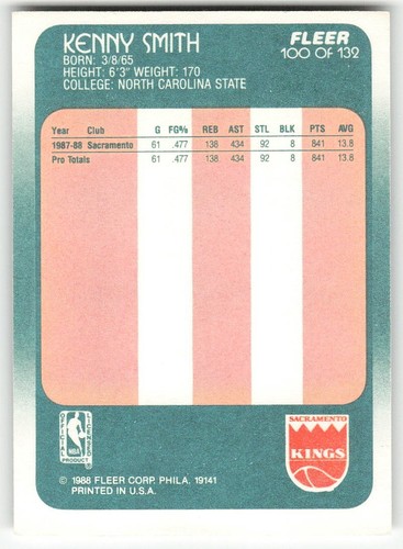 1988-89 Fleer #100 Kenny Smith BASKETBALL Sacramento Kings - 第 2/2 張圖片