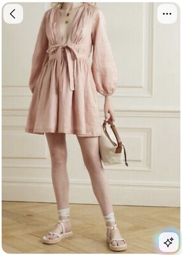 Zimmermann Pink Linen V-Neck Balloon Sleeve Short A-Line Dress Womens 0