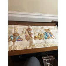 Handmade Cross Stitch Baby Bears Blanket with Fringe