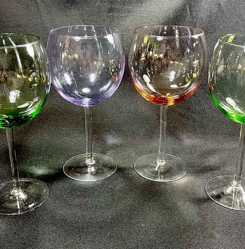 4 BLOCK ? CRYSTAL Balloon Wine Goblet Glasses Different Color  Czech 8”