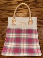 Longaberger Homestead Fabric Little Tote Bag Snap Closure Tan / Red Plaid EC