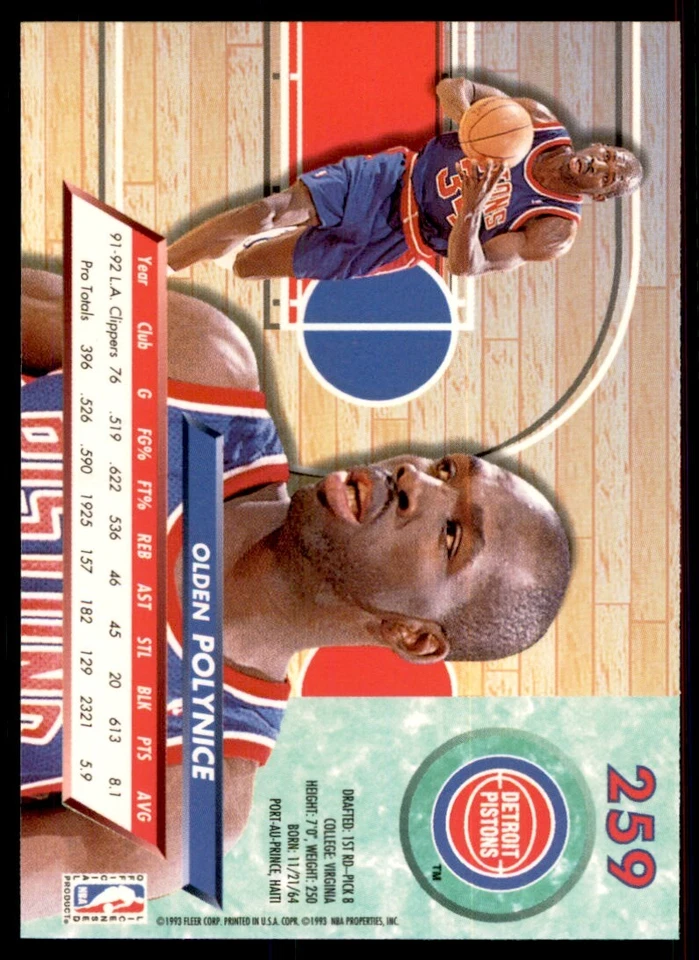 1992-93 Fleer Ultra. Olden Polynice Detroit Pistons #259 - Image 2 of 2