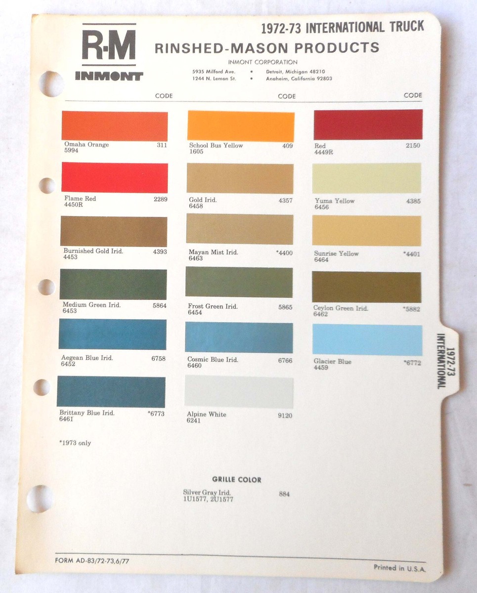 1972 - 1973 INTERNATIONAL TRUCK R-M COLOR PAINT CHIP CHART