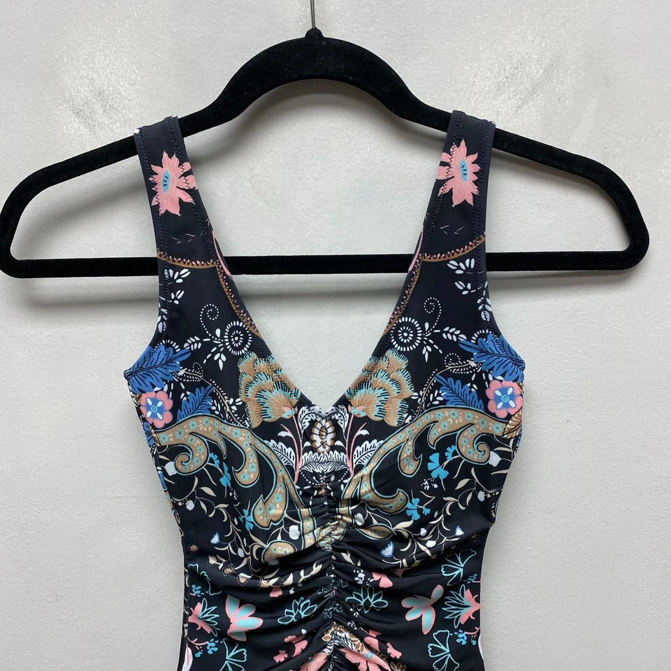 Hale Bob 女式黑色花卉 V 领褶皱海滩泳池连体泳衣 XS $156 — 第 2/4 张图片