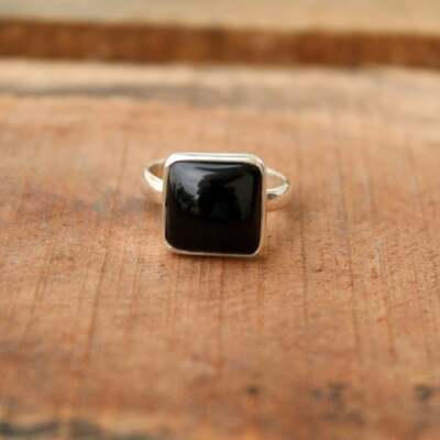 Handmade Natural Black Onyx Men's Ring – Sterling Silver Square Shape, Sizes 4-12