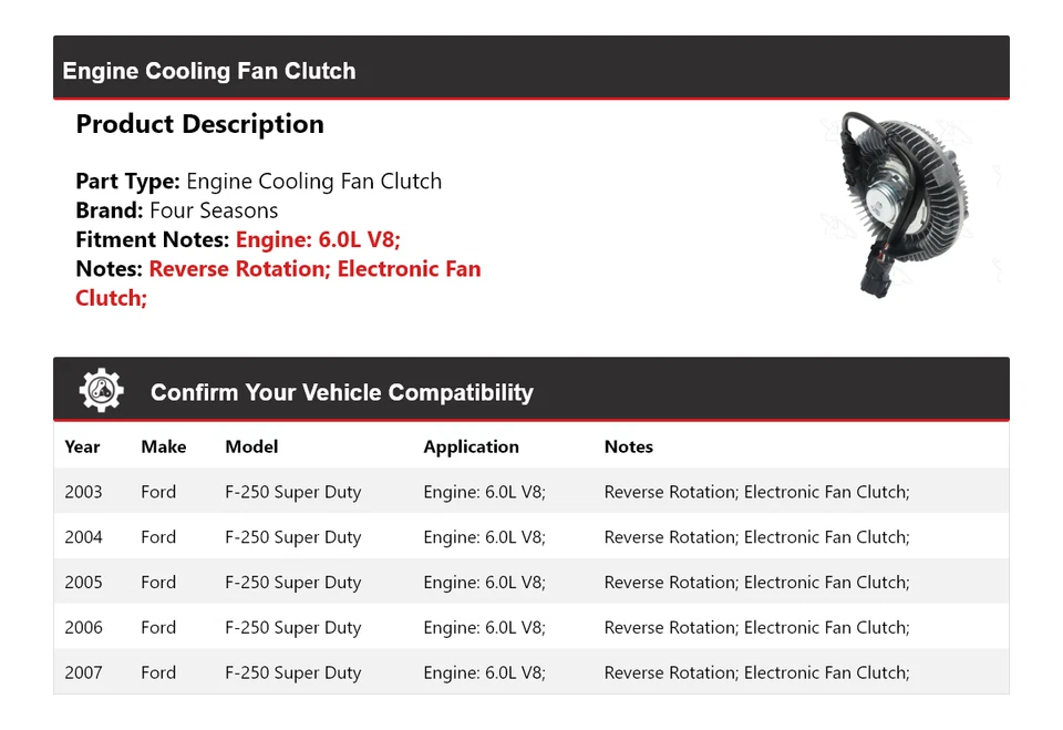Embrague ventilador refrigeración motor V8 6,0 L Ford F-250 Super Duty 2003-2007 4 estaciones Foto 2 de 4