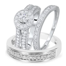 1.37 Ctw Real Moissanite 14K White Gold Over Matching His & Her Trio Ring Set